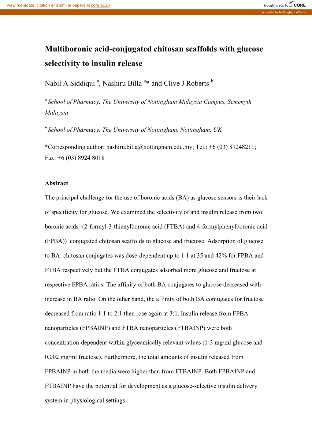 Multiboronic Acid-Conjugated Chitosan Scaffolds with Glucose Selectivity to Insulin Release