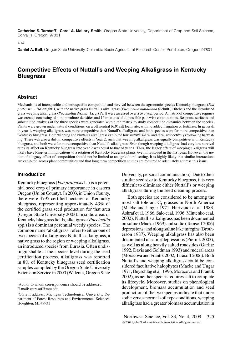 Competitive Effects of Nuttall's and Weeping Alkaligrass in Kentucky Bluegrass