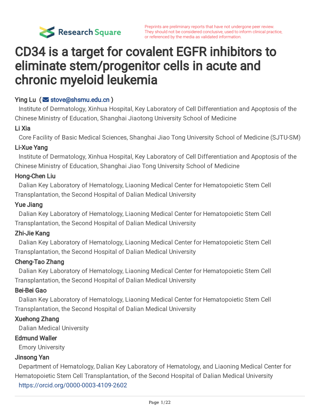 CD34 Is a Target for Covalent EGFR Inhibitors to Eliminate Stem/Progenitor Cells in Acute and Chronic Myeloid Leukemia