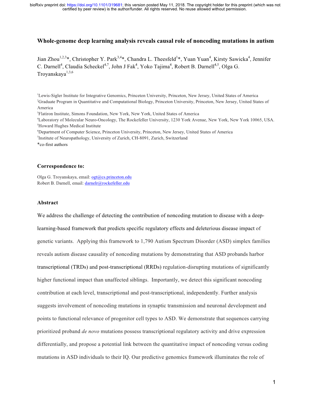 Whole-Genome Deep Learning Analysis Reveals Causal Role of Noncoding Mutations in Autism