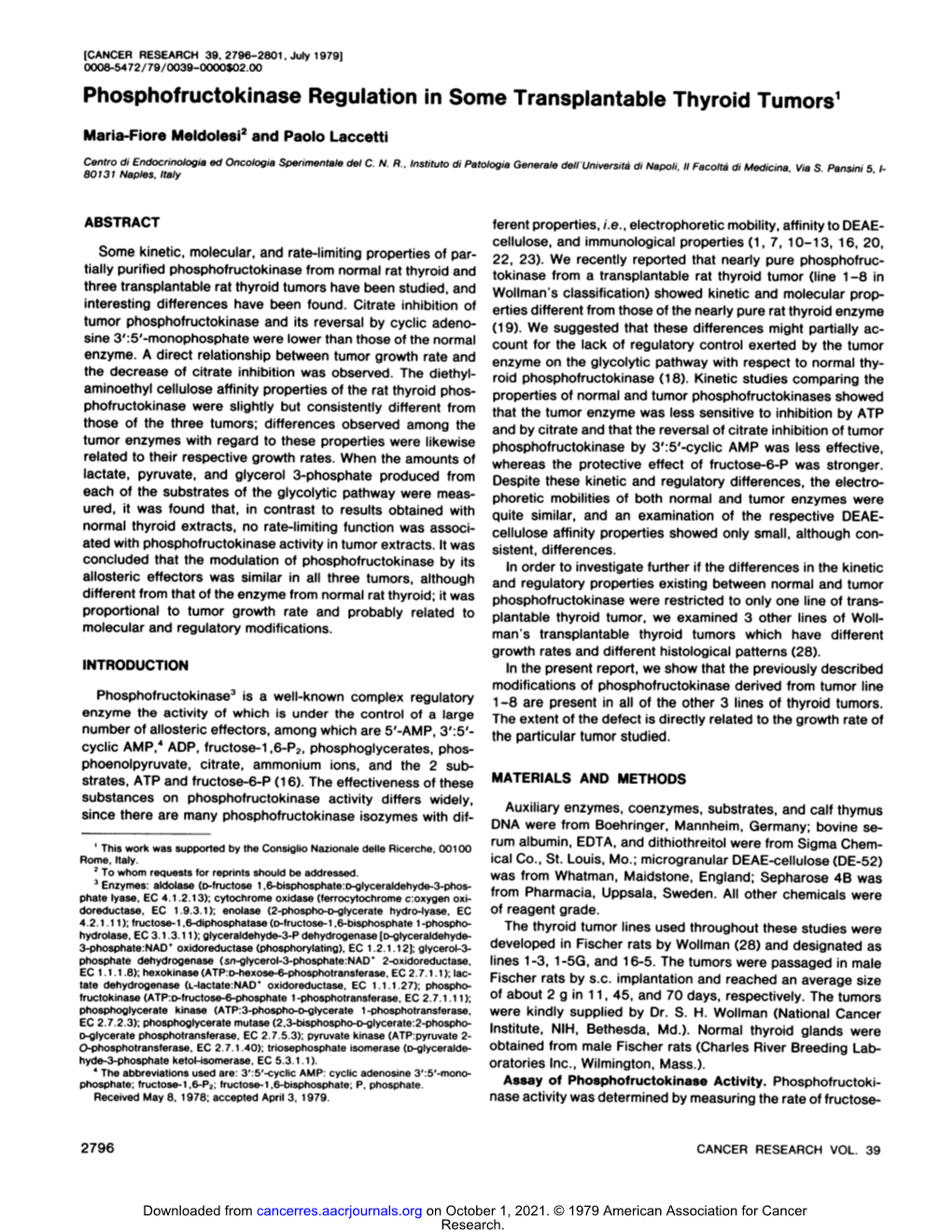 Phosphofructokinase Regulation in Some Transplantable Thyroid Tumors1