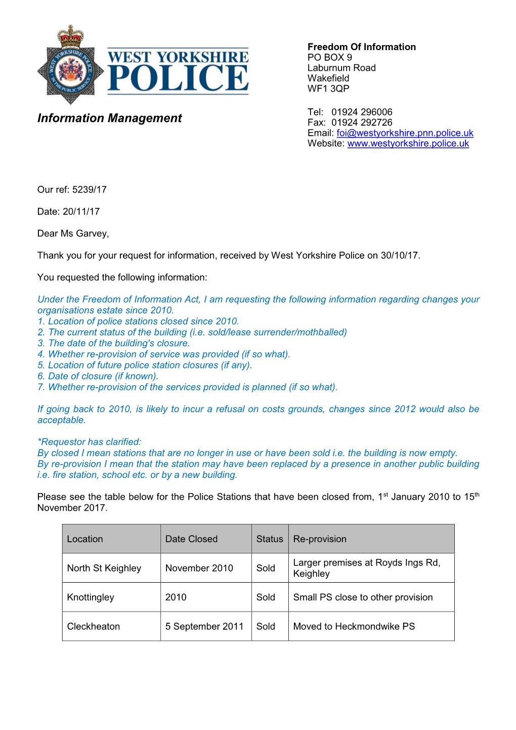 Information Management Fax: 01924 292726 Email: Foi@Westyorkshire.Pnn.Police.Uk Website