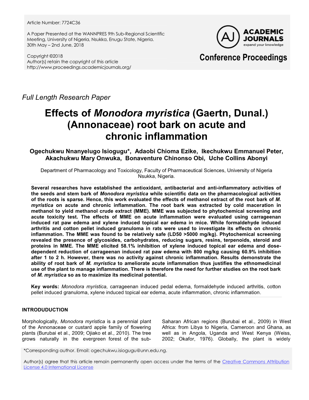 Effects of Monodora Myristica (Gaertn, Dunal.) (Annonaceae) Root Bark on Acute and Chronic Inflammation
