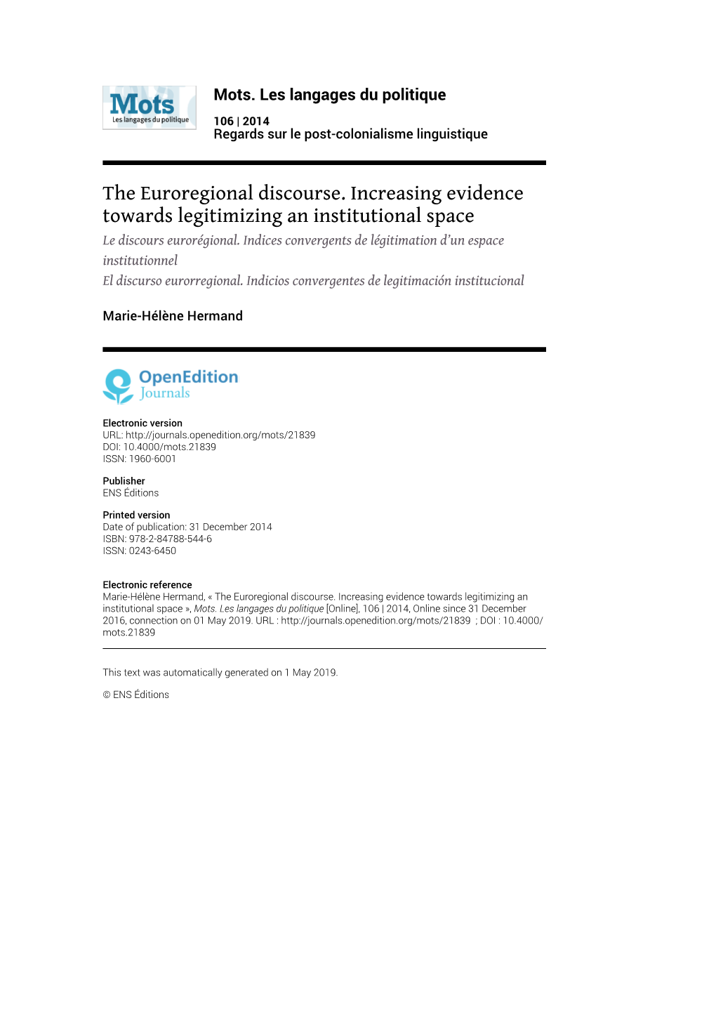 Mots. Les Langages Du Politique, 106 | 2014 the Euroregional Discourse