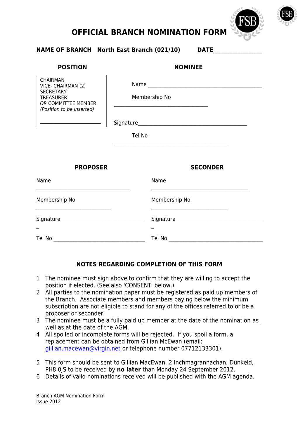 Official Branch Nomination Form