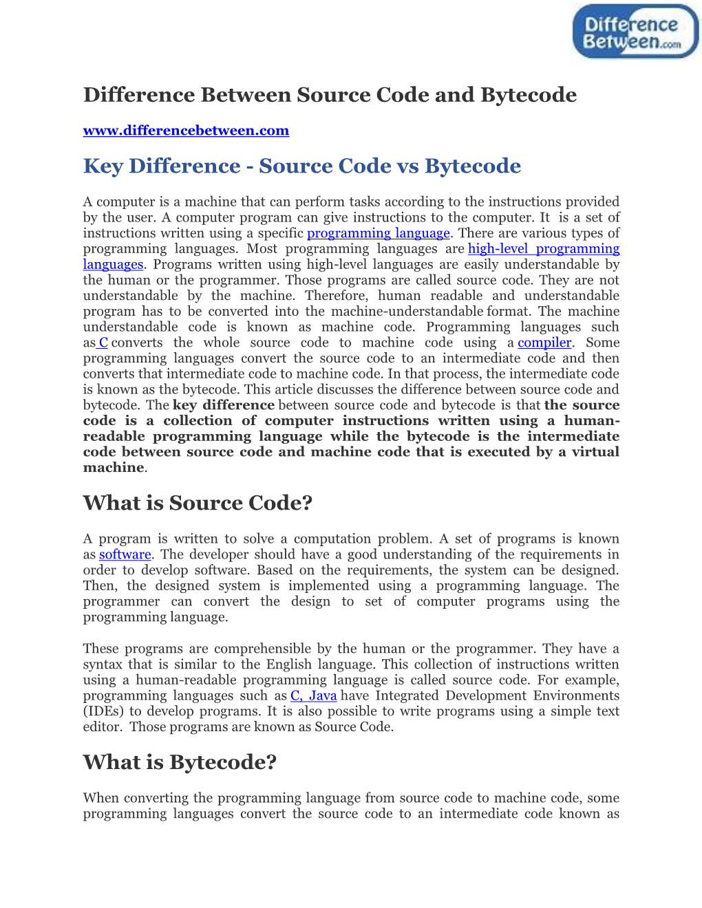 Difference Between Source Code and Bytecode Key Difference