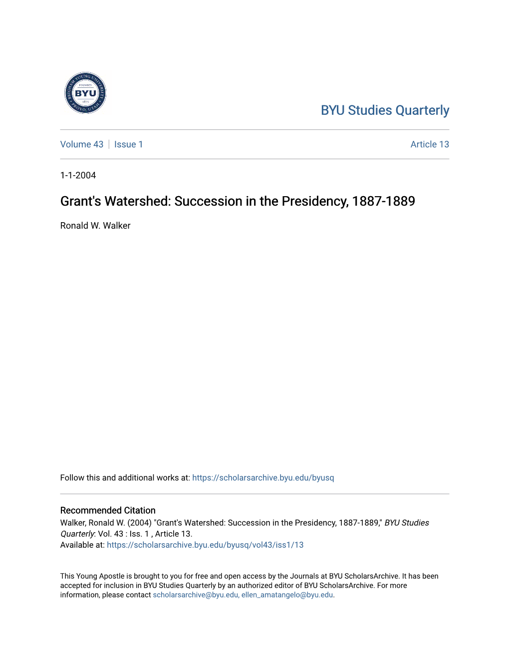 Grant's Watershed: Succession in the Presidency, 1887-1889