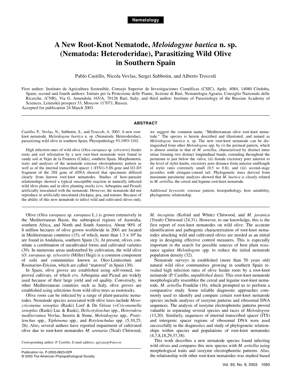 A New Root-Knot Nematode, Meloidogyne Baetica N. Sp. (Nematoda: Heteroderidae), Parasitizing Wild Olive in Southern Spain