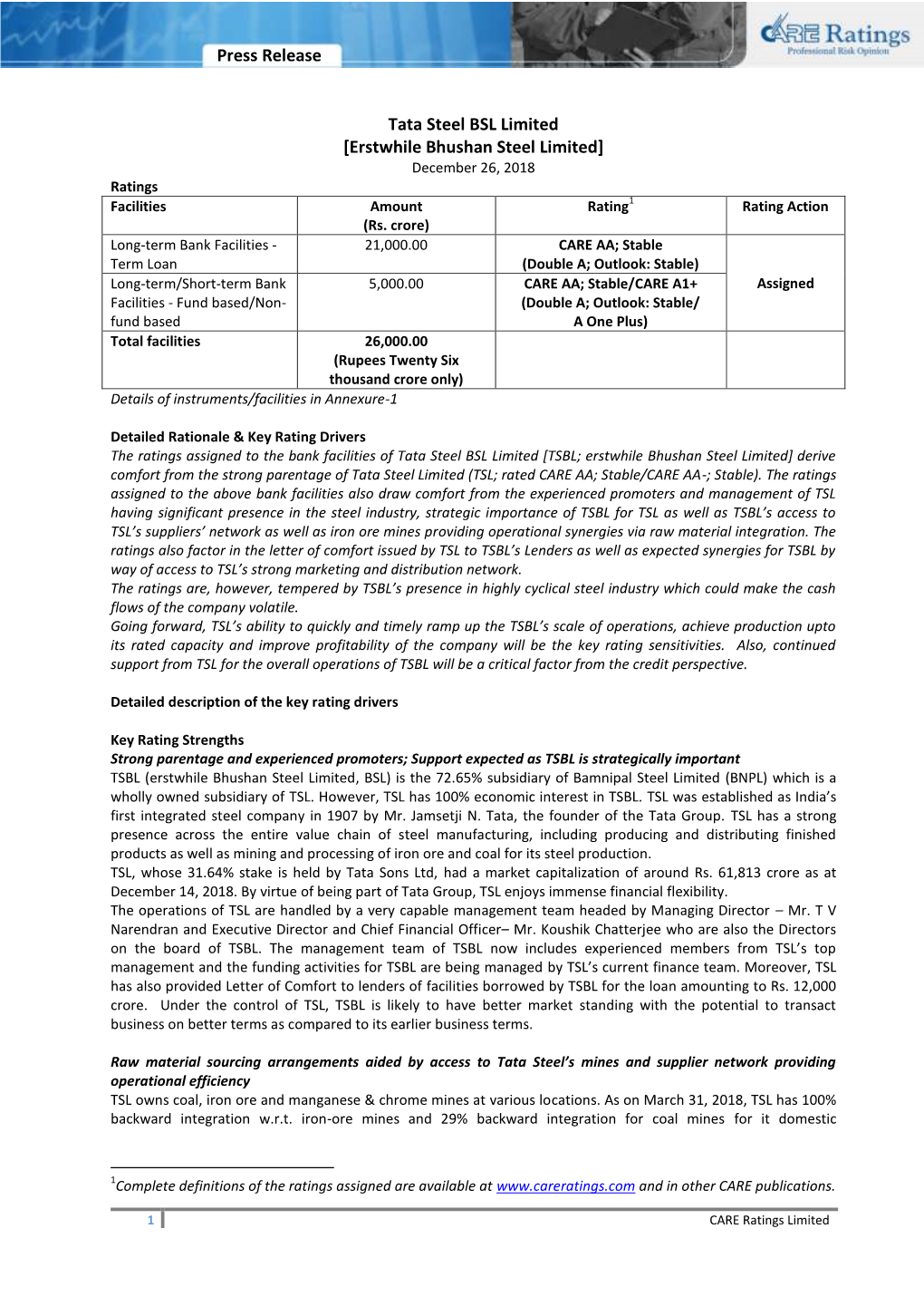 Press Release Tata Steel BSL Limited [Erstwhile Bhushan Steel Limited]