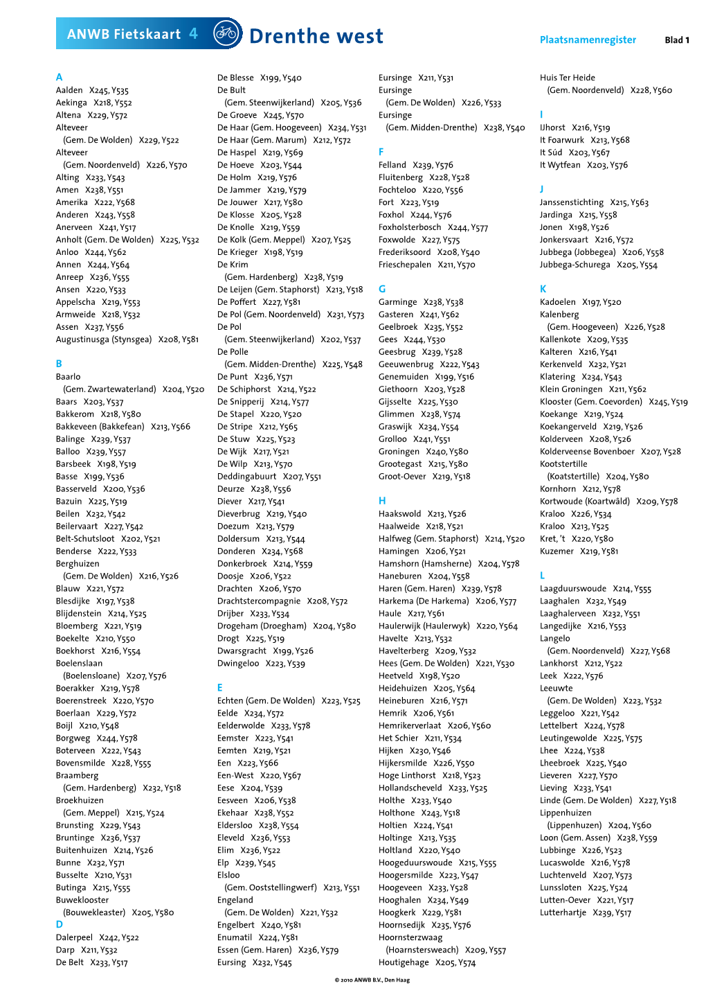 Drenthe West Plaatsnamenregister Blad 1
