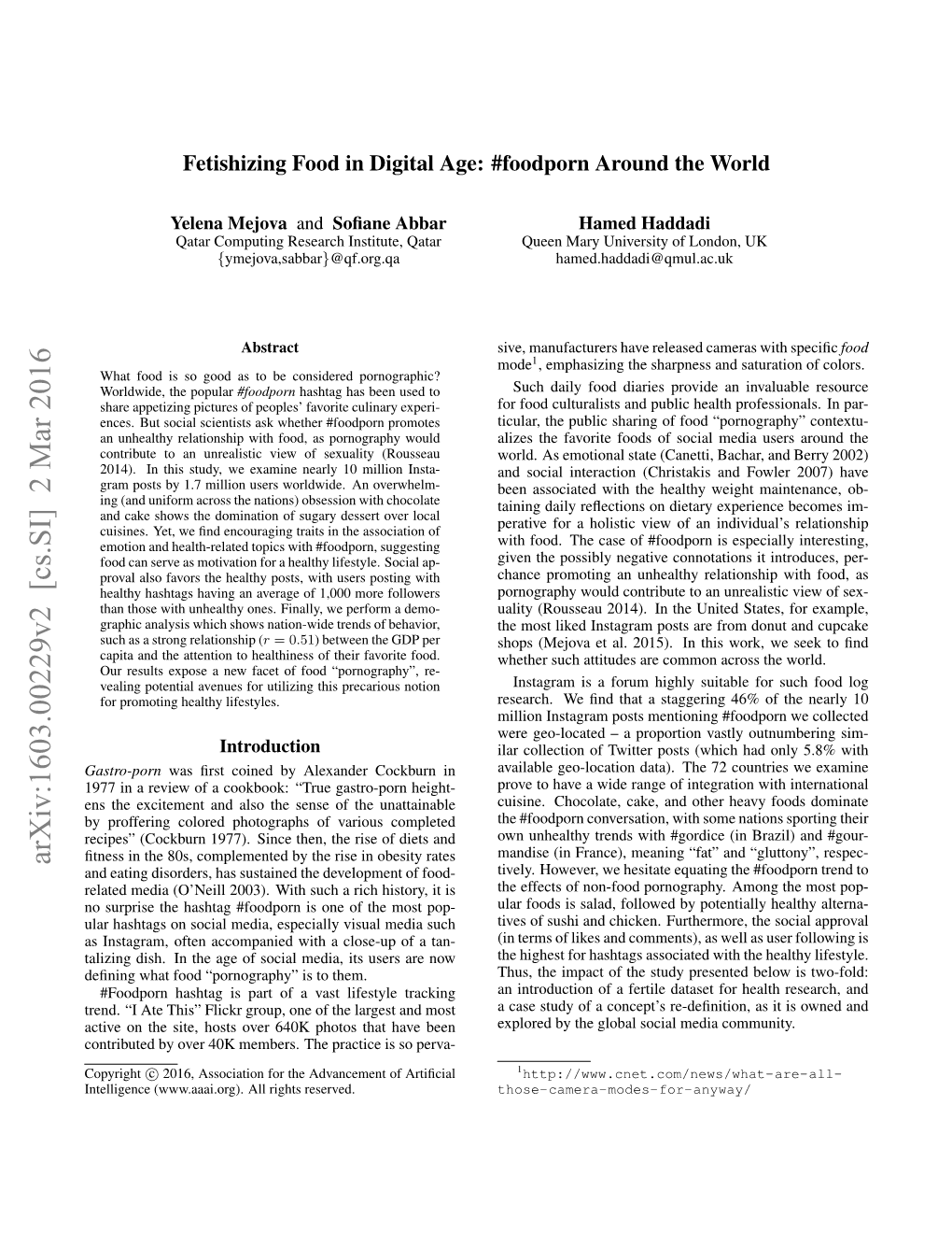 Arxiv:1603.00229V2 [Cs.SI] 2 Mar 2016 and Eating Disorders, Has Sustained the Development of Food- Tively