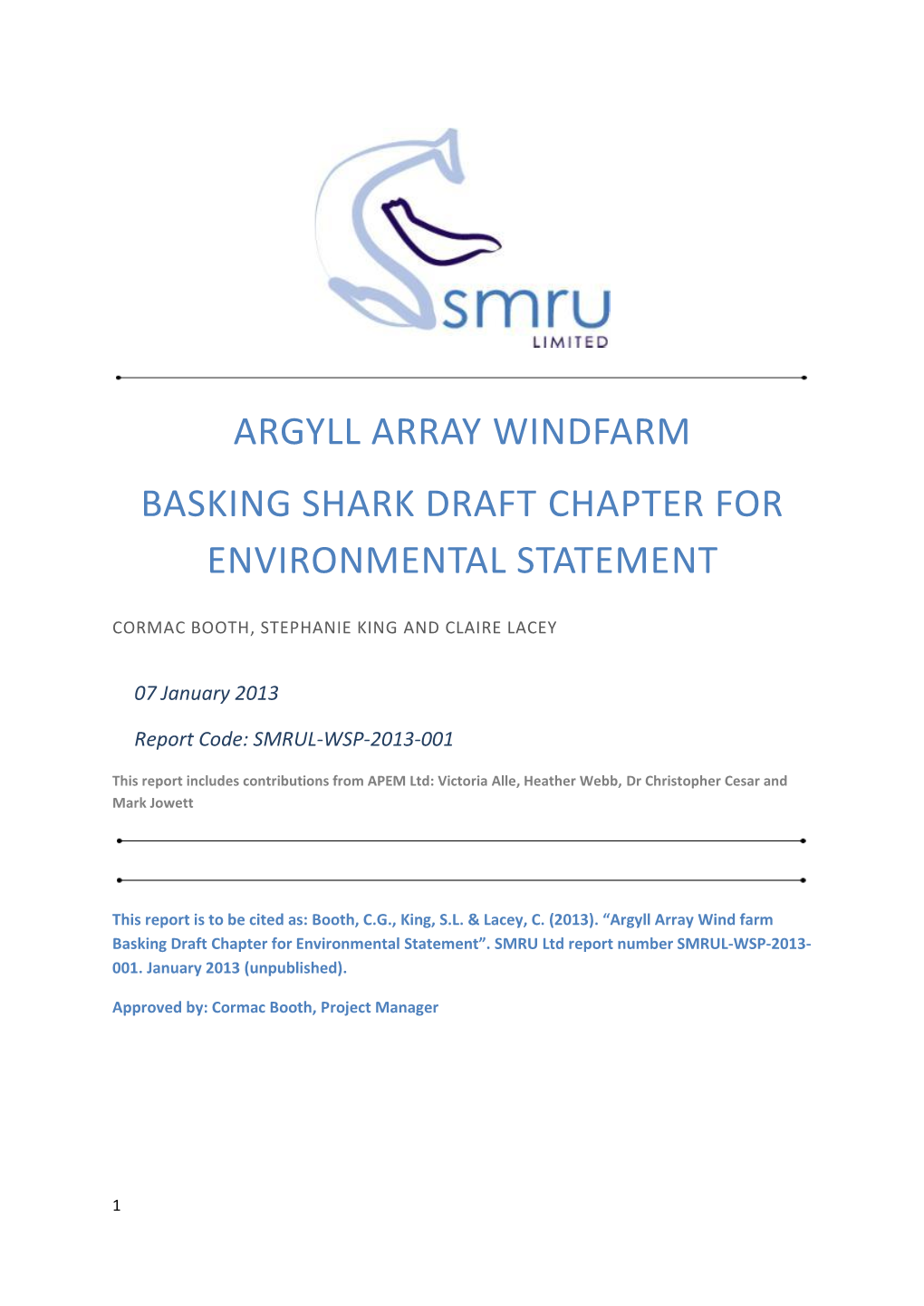 Argyll Array Windfarm Basking Shark Draft Chapter for Environmental Statement