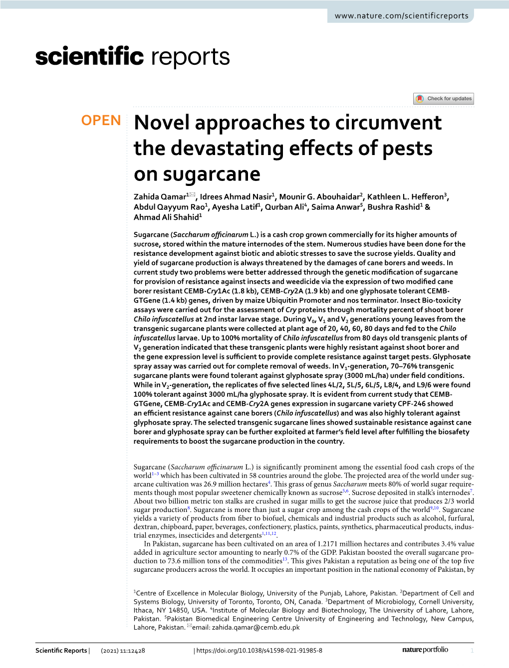 Novel Approaches to Circumvent the Devastating Effects of Pests on Sugarcane