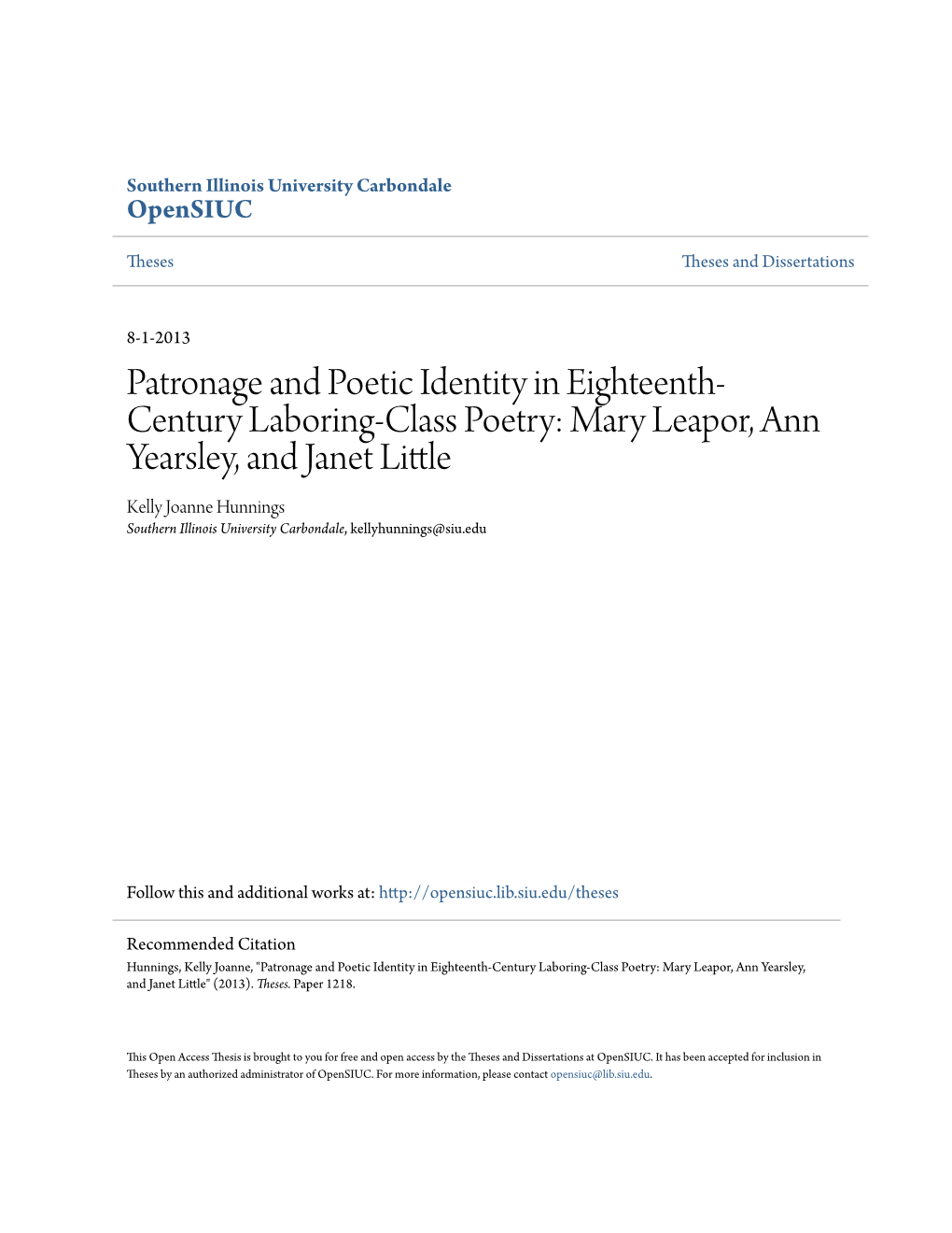 Patronage and Poetic Identity in Eighteenth-Century Laboring-Class Poetry: Mary Leapor, Ann Yearsley, and Janet Little