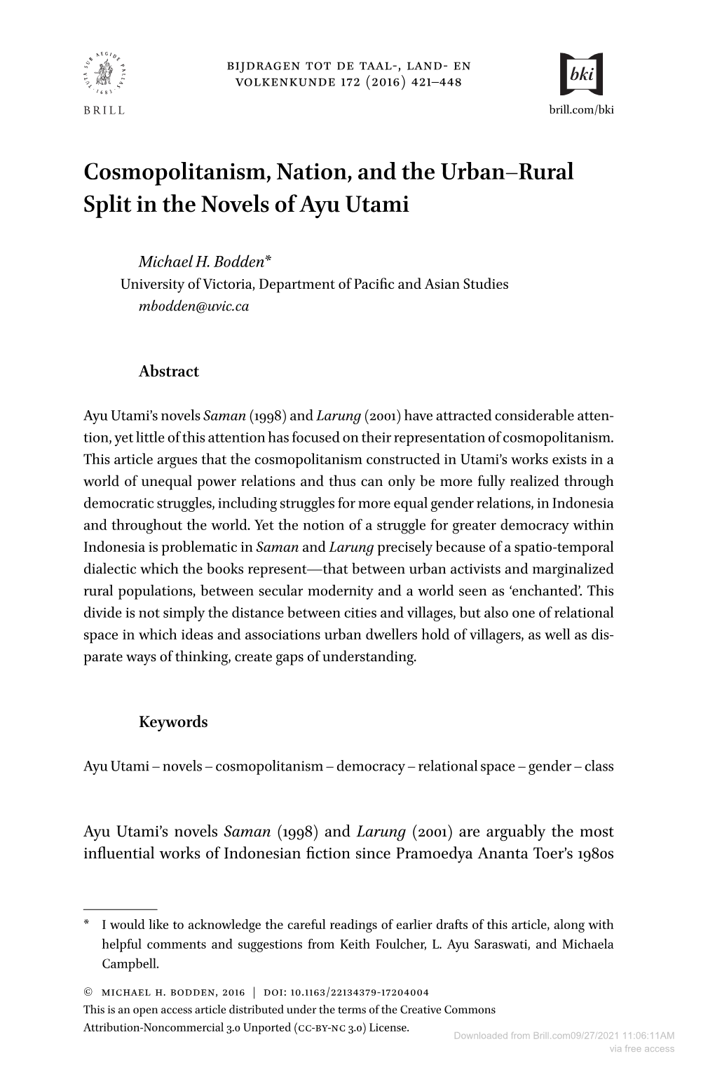 Cosmopolitanism, Nation, and the Urban–Rural Split in the Novels of Ayu Utami