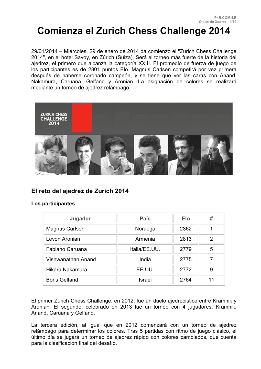 Comienza El Zurich Chess Challenge 2014