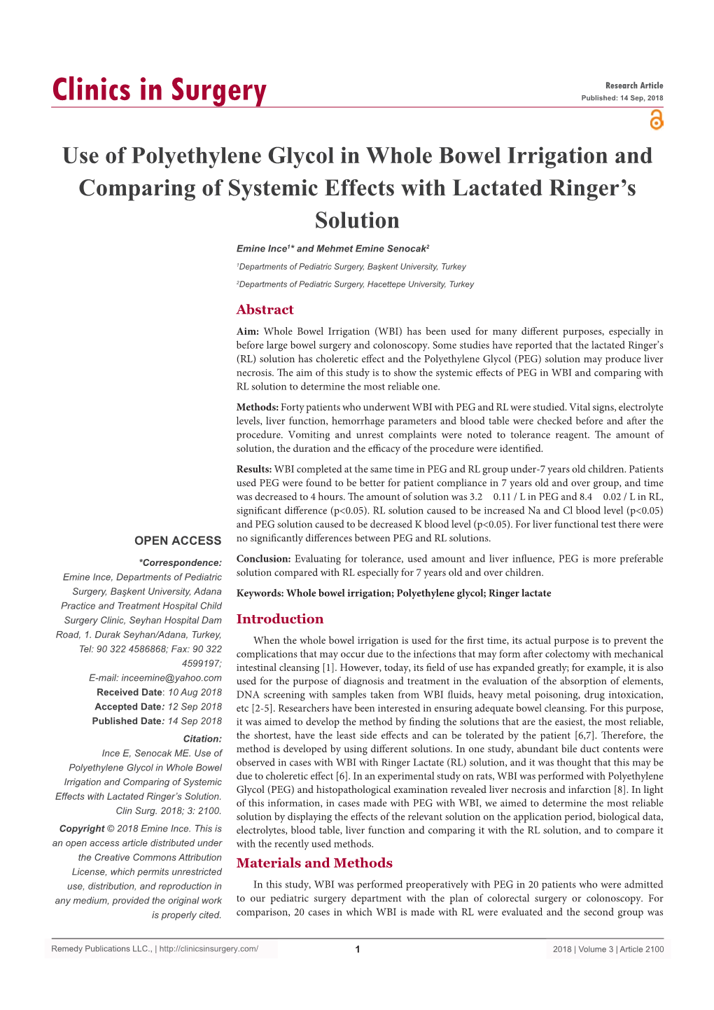 Use of Polyethylene Glycol in Whole Bowel Irrigation and Comparing of Systemic Effects with Lactated Ringer’S Solution