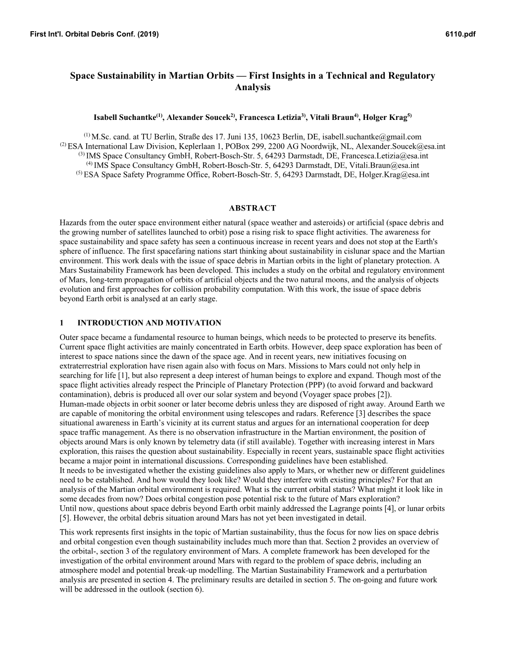 Space Sustainability in Martian Orbits — First Insights in a Technical and Regulatory Analysis