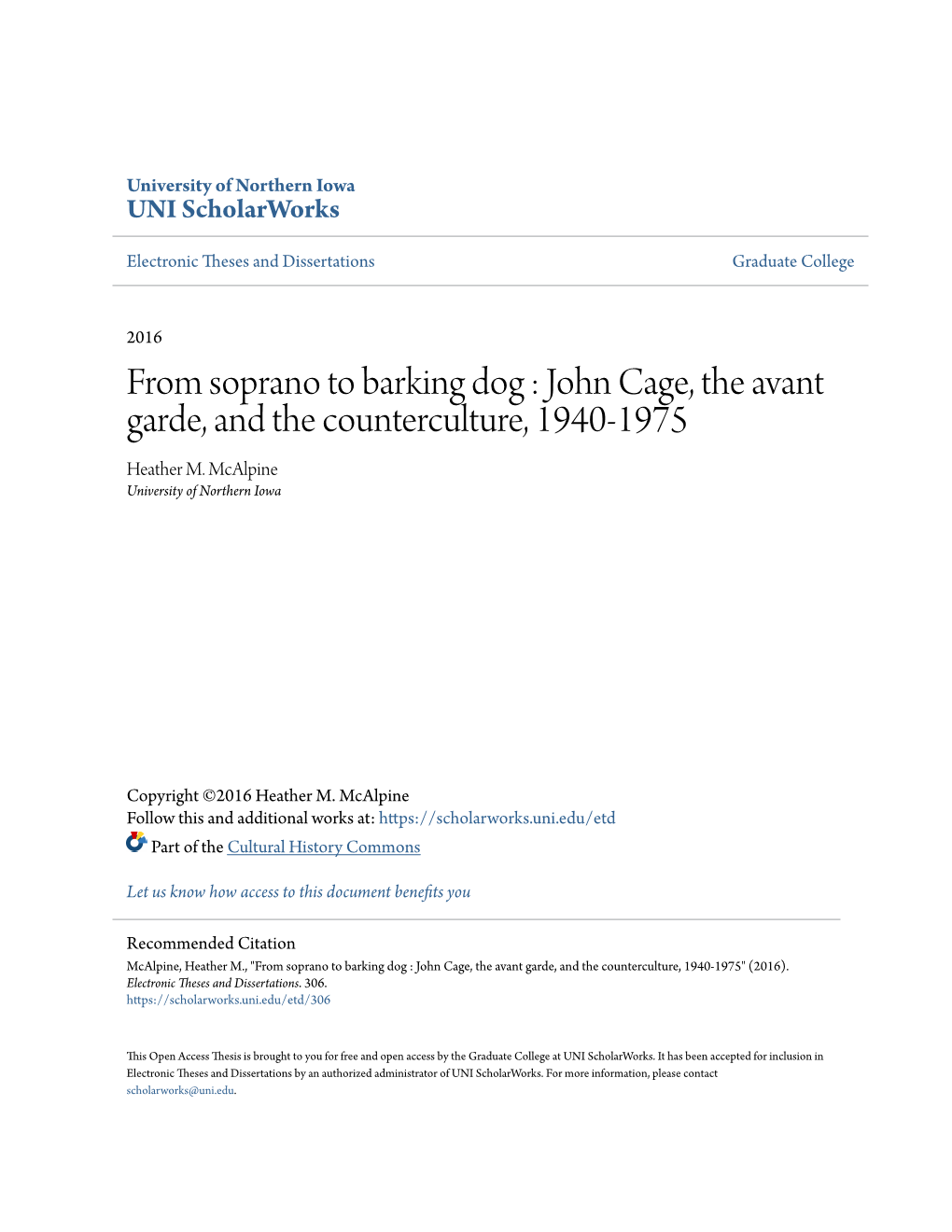 From Soprano to Barking Dog : John Cage, the Avant Garde, and the Counterculture, 1940-1975 Heather M