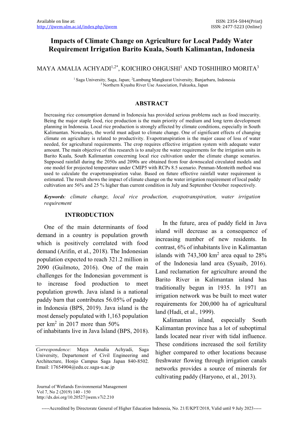 Impacts of Climate Change on Agriculture for Local Paddy Water Requirement Irrigation Barito Kuala, South Kalimantan, Indonesia