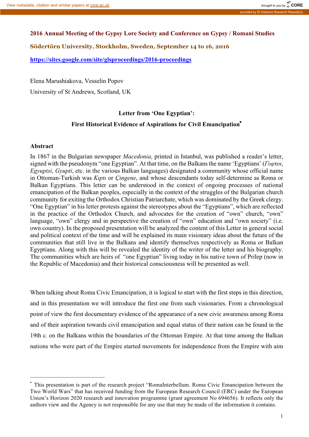 One Egyptian’: First Historical Evidence of Aspirations for Civil Emancipation*
