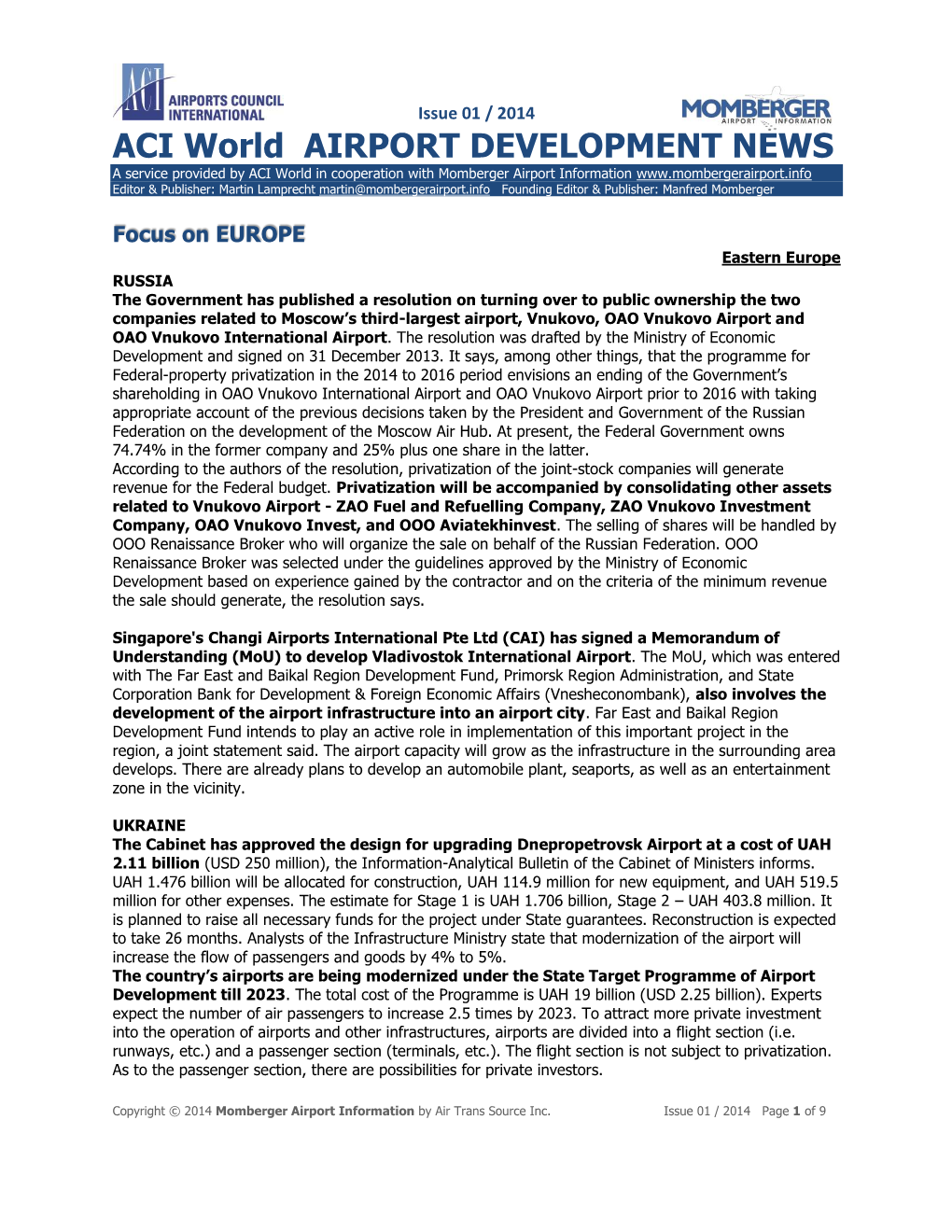 ACI World Airport Development News: Issue 01