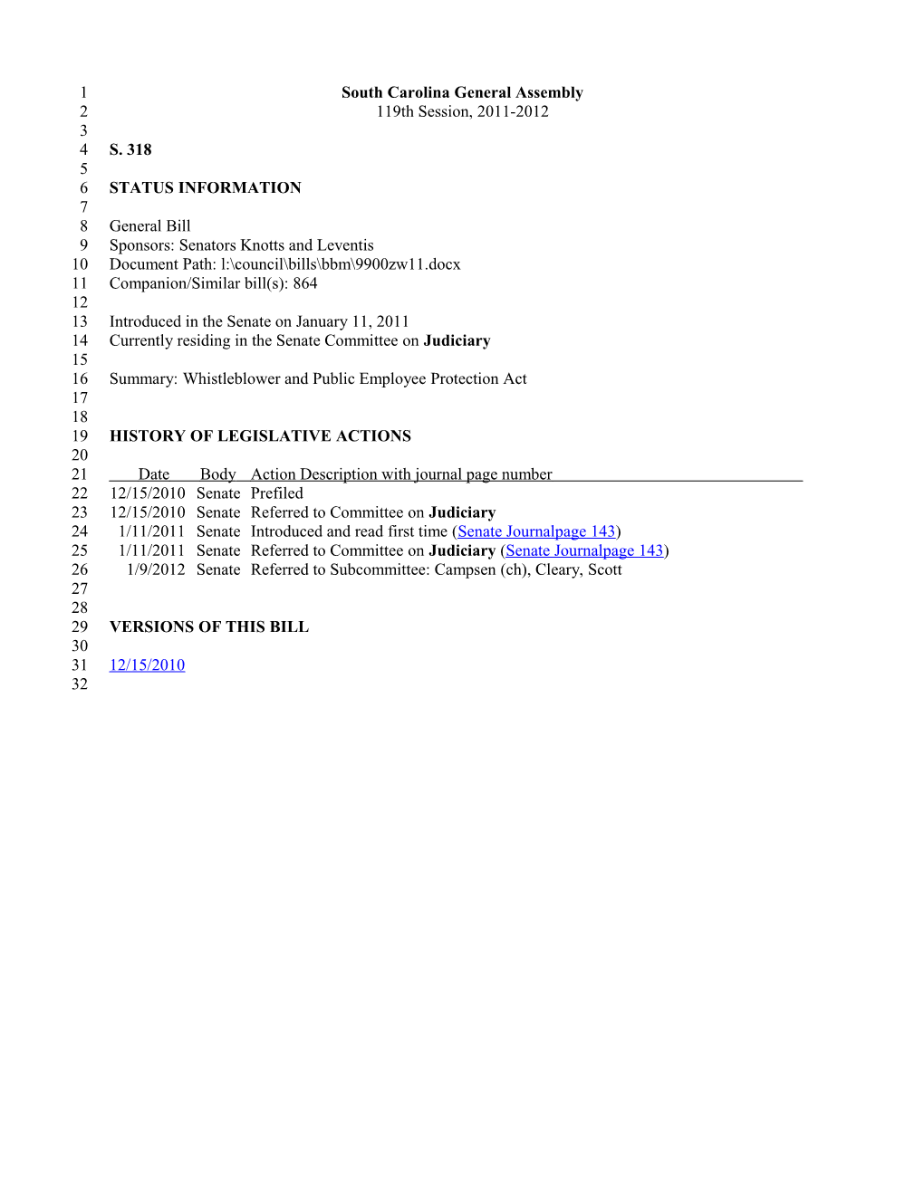 2011-2012 Bill 318: Whistleblower and Public Employee Protection Act - South Carolina