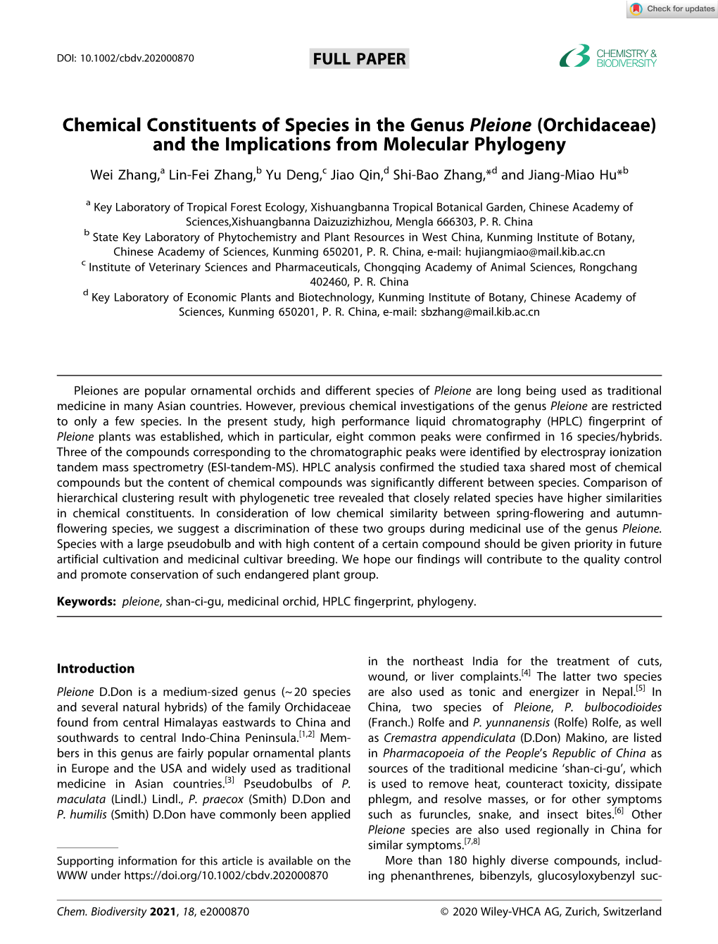 Chemical Constituents of Species in the Genus Pleione (Orchidaceae