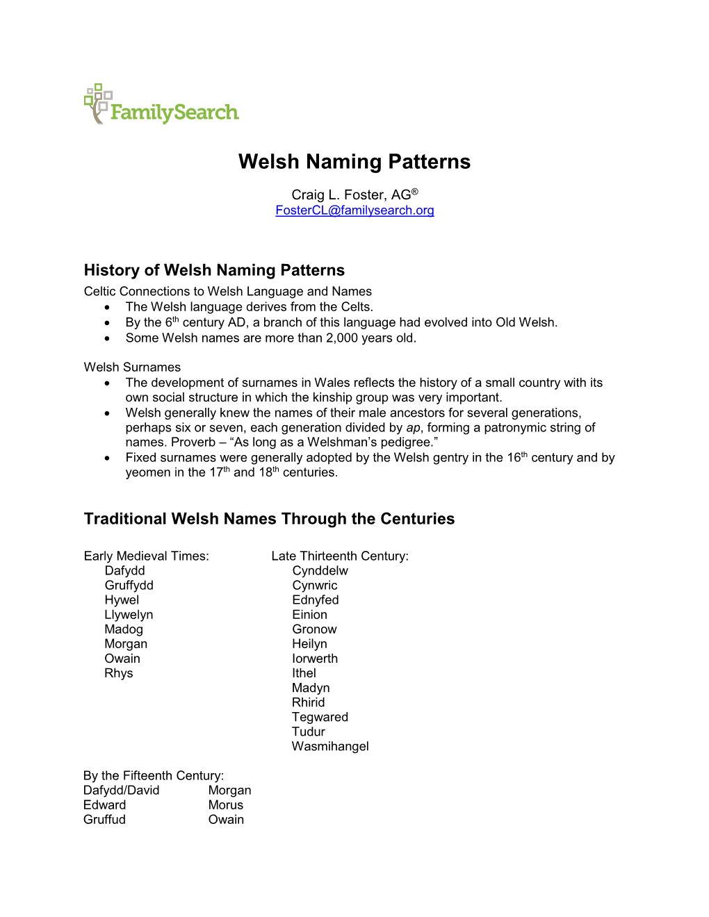 Welsh Naming Patterns Craig L