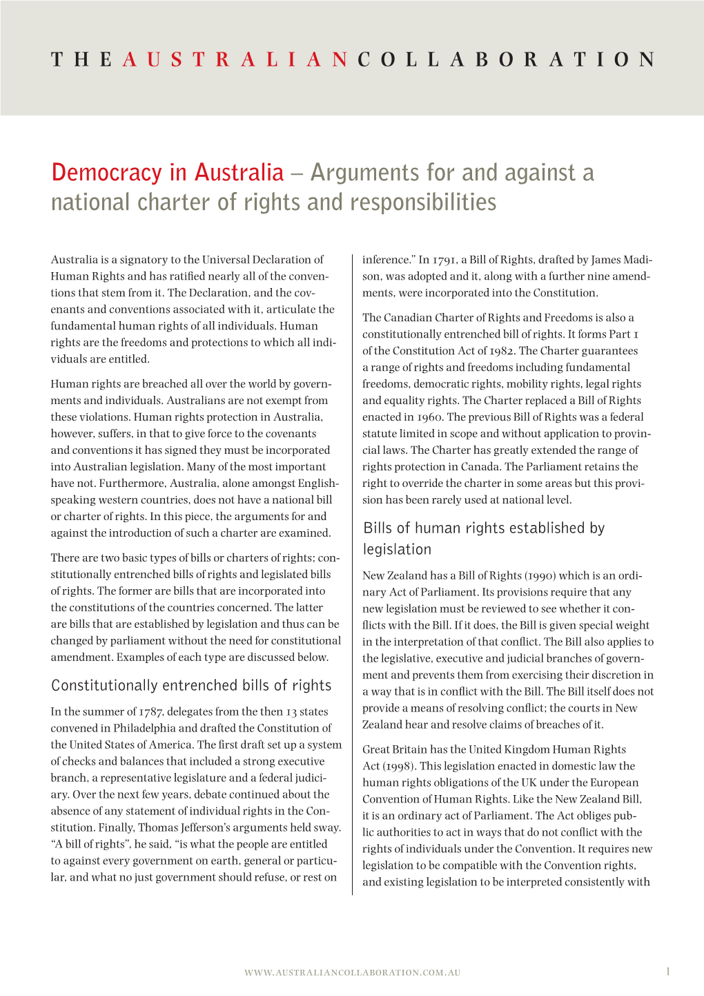 Arguments for and Against a National Charter of Rights and Responsibilities