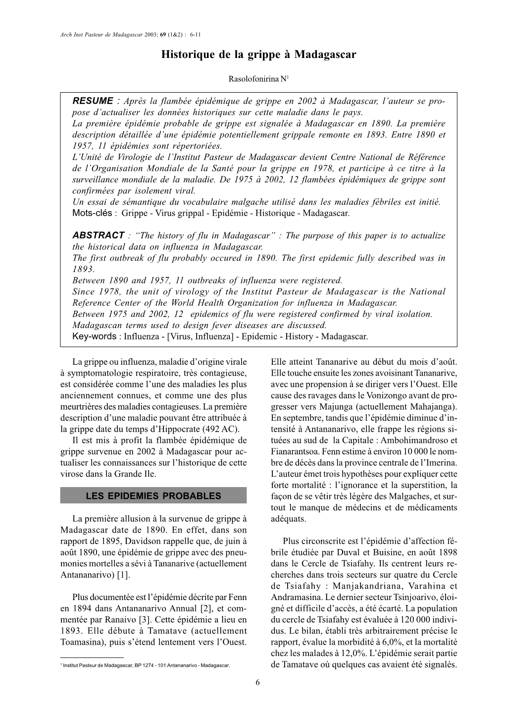 Historique De La Grippe À Madagascar