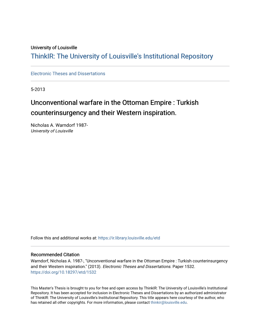 Unconventional Warfare in the Ottoman Empire : Turkish Counterinsurgency and Their Western Inspiration