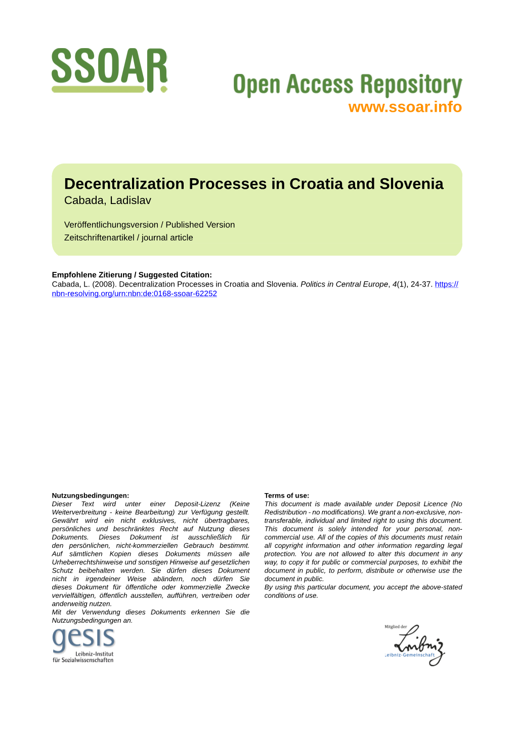 Decentralization Processes in Croatia and Slovenia Cabada, Ladislav