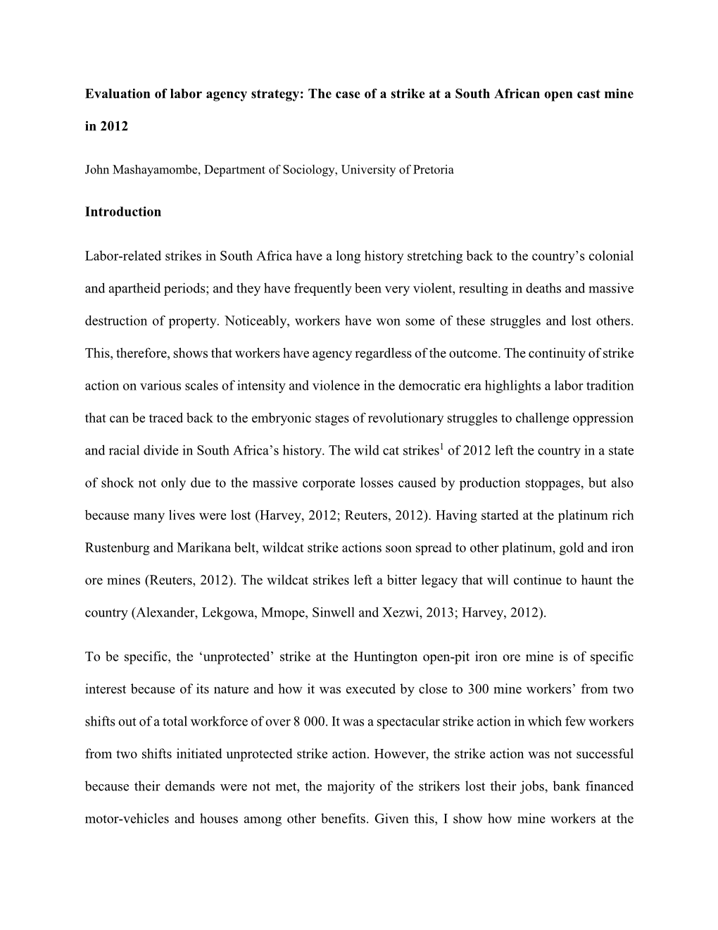 Evaluation of Labor Agency Strategy: the Case of a Strike at a South African Open Cast Mine in 2012