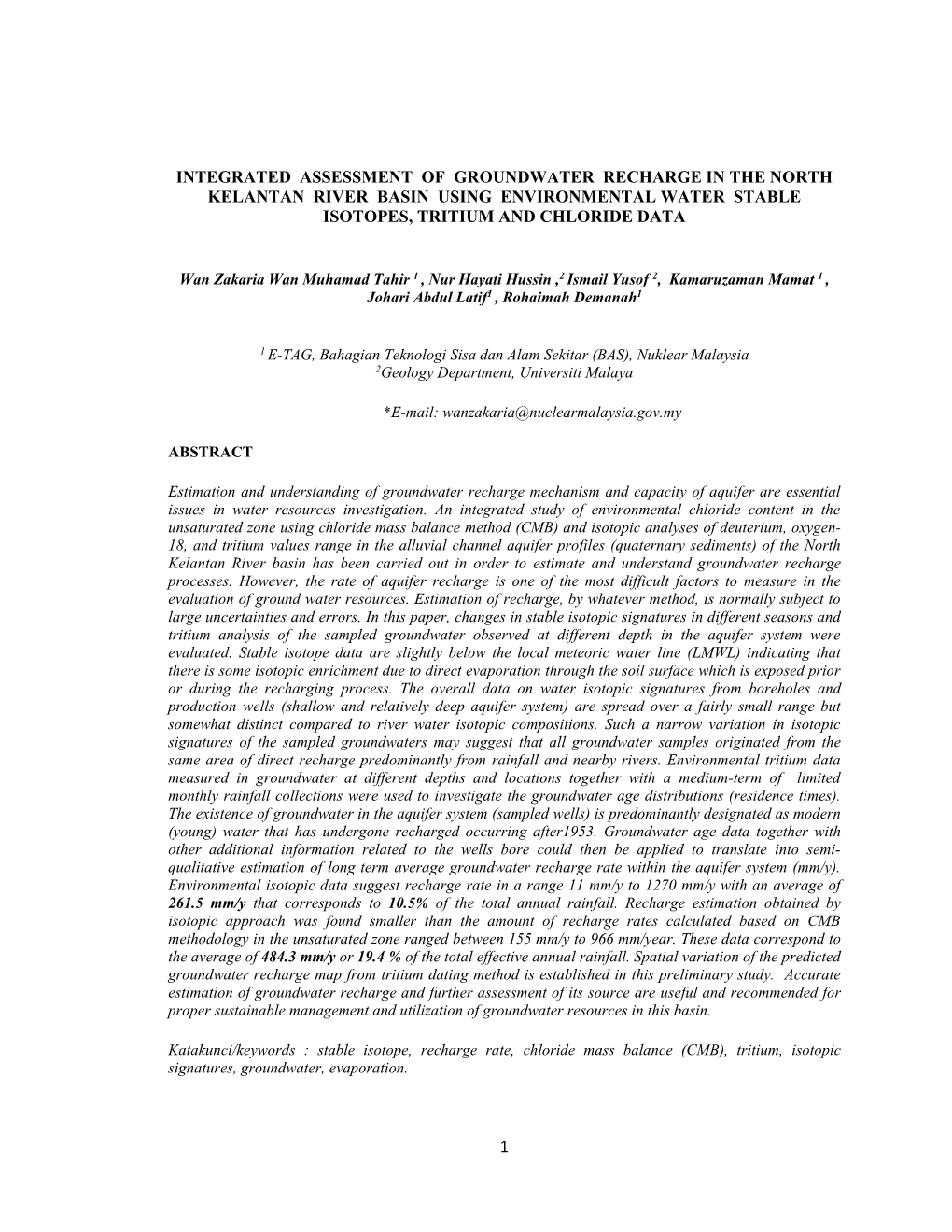 1 Integrated Assessment of Groundwater Recharge In