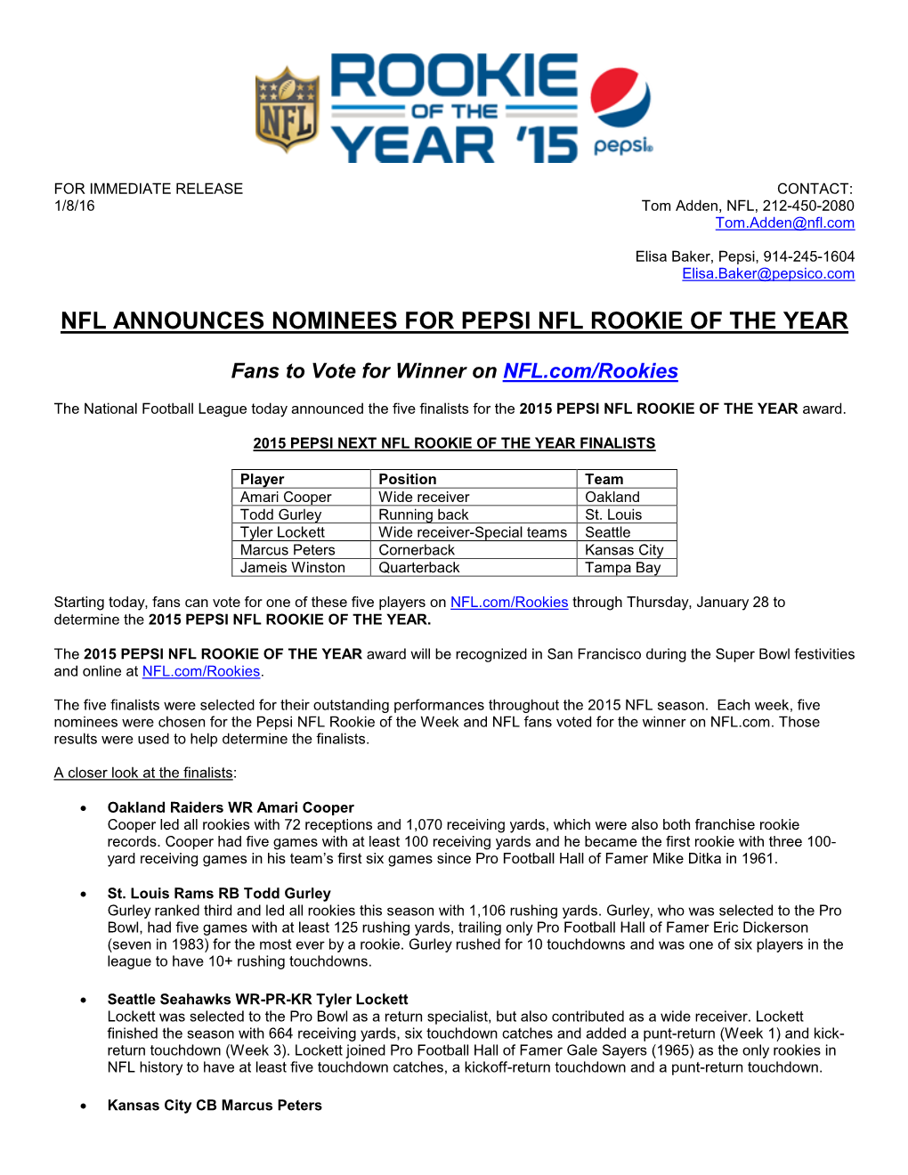 Nfl Announces Nominees for Pepsi Nfl Rookie of the Year