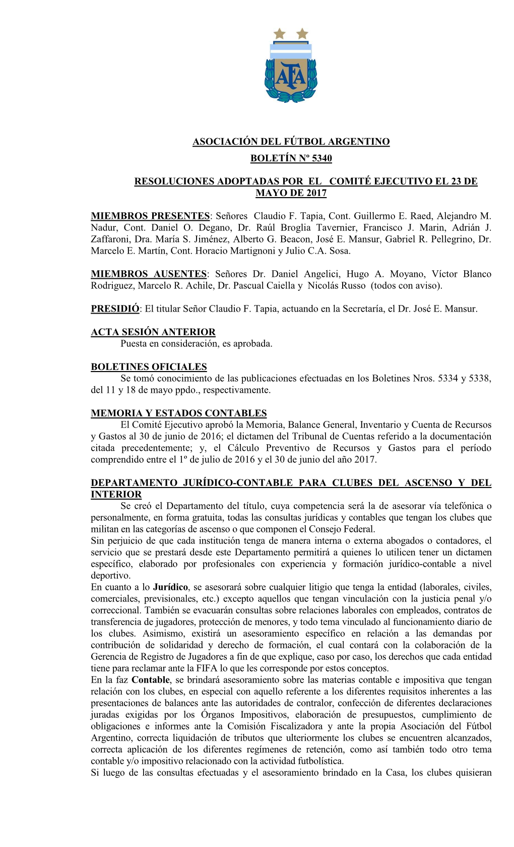 Asociación Del Fútbol Argentino Boletín Nº 5340