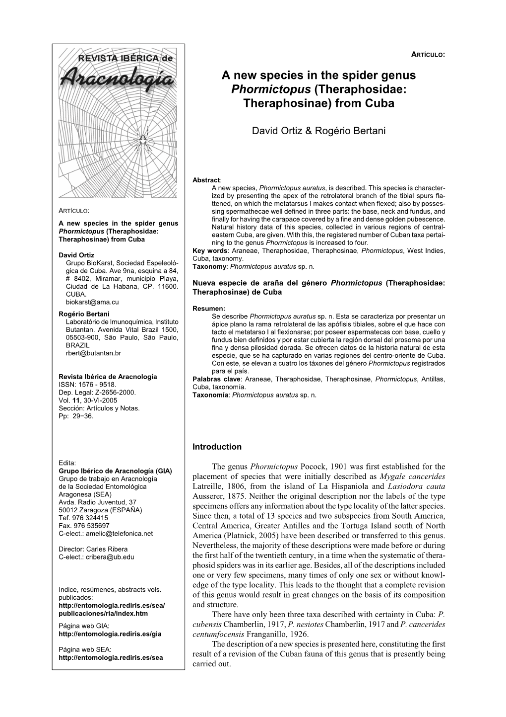 A New Species in the Spider Genus Phormictopus (Theraphosidae: Theraphosinae) from Cuba