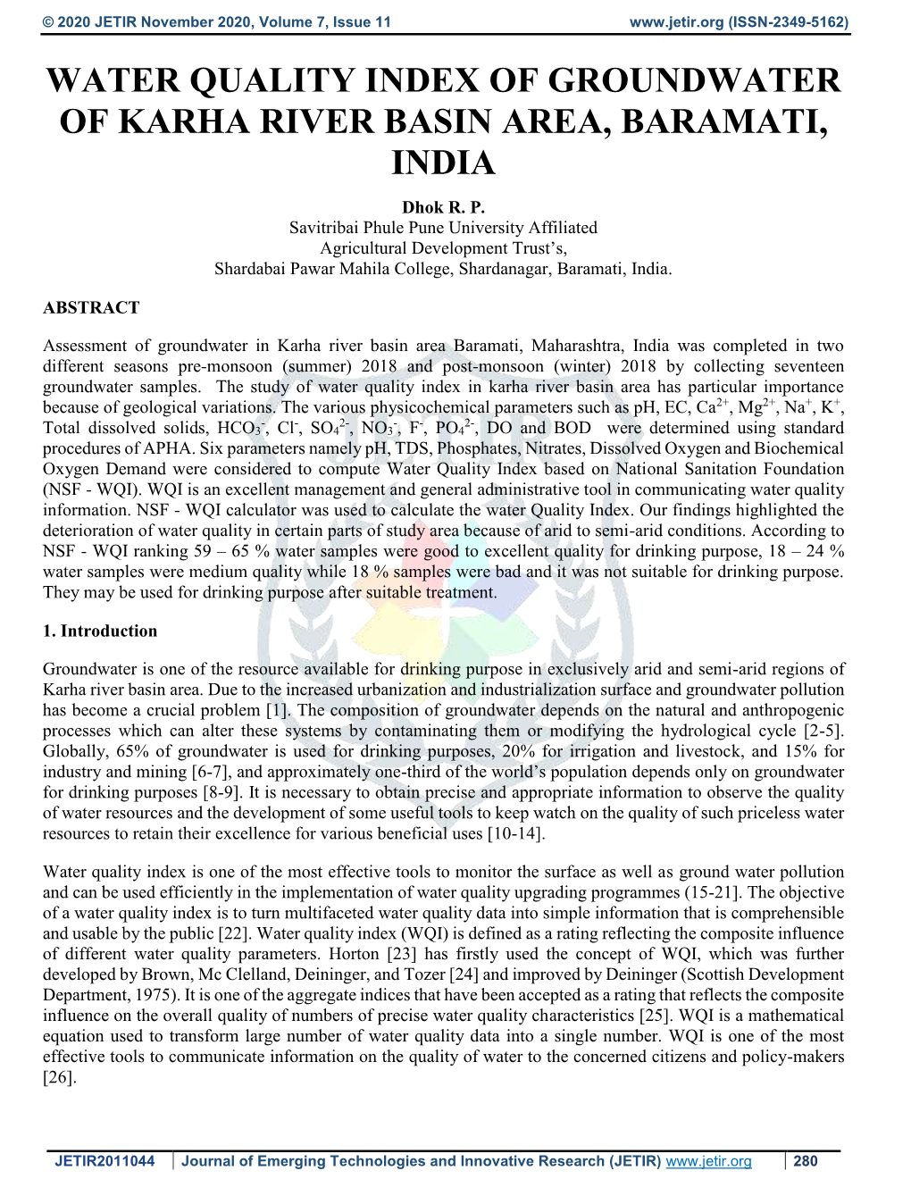 WATER QUALITY INDEX of GROUNDWATER of KARHA RIVER BASIN AREA, BARAMATI, INDIA Dhok R