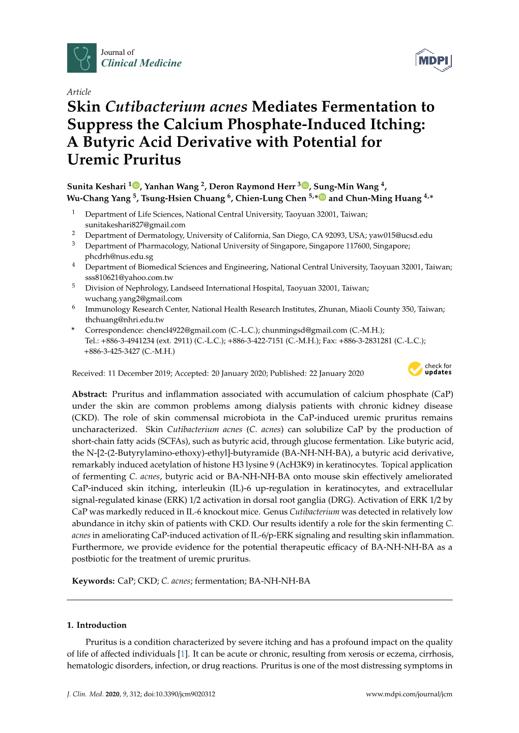 Skin Cutibacterium Acnes Mediates Fermentation to Suppress the Calcium Phosphate-Induced Itching: a Butyric Acid Derivative with Potential for Uremic Pruritus