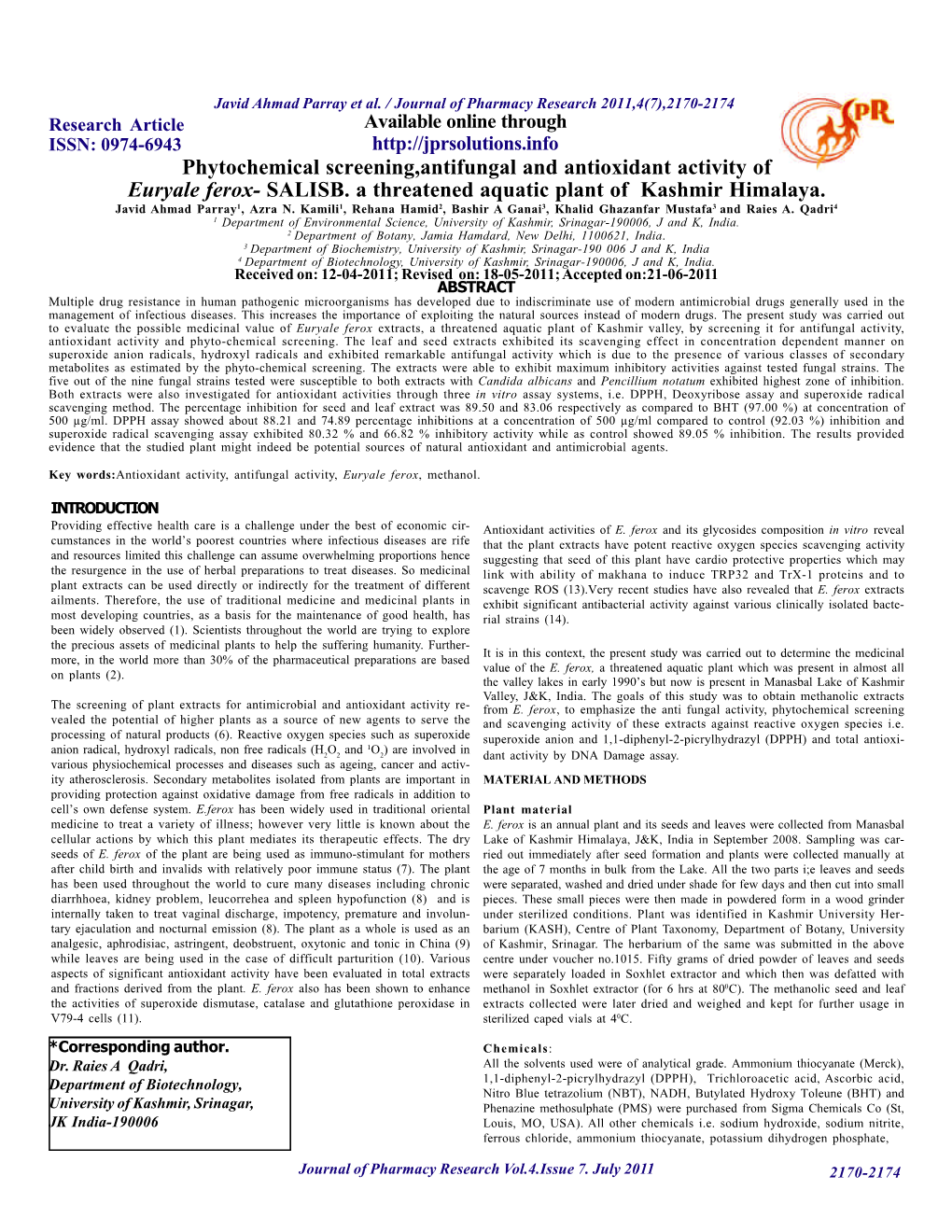 Phytochemical Screening,Antifungal and Antioxidant Activity of Euryale Ferox- SALISB