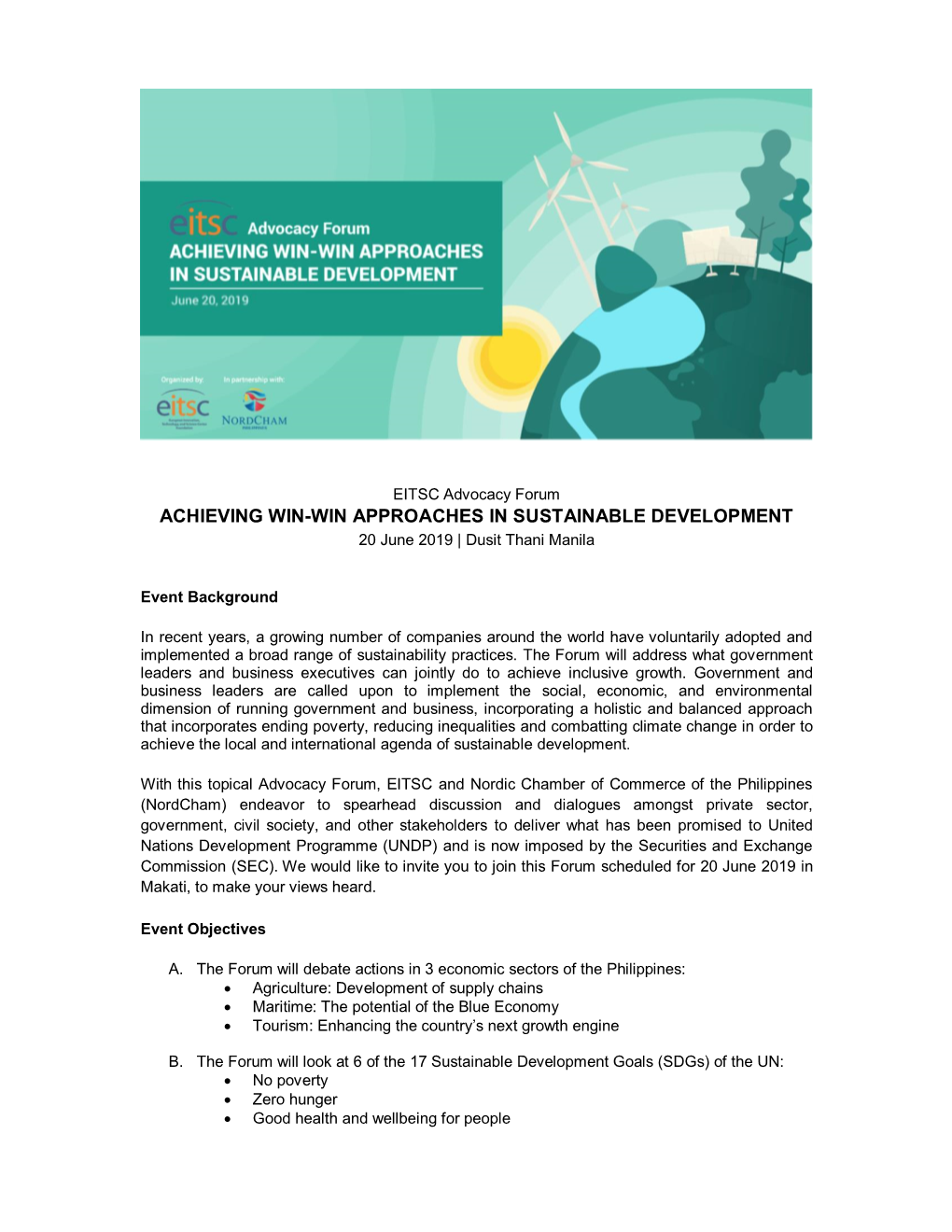 ACHIEVING WIN-WIN APPROACHES in SUSTAINABLE DEVELOPMENT 20 June 2019 | Dusit Thani Manila