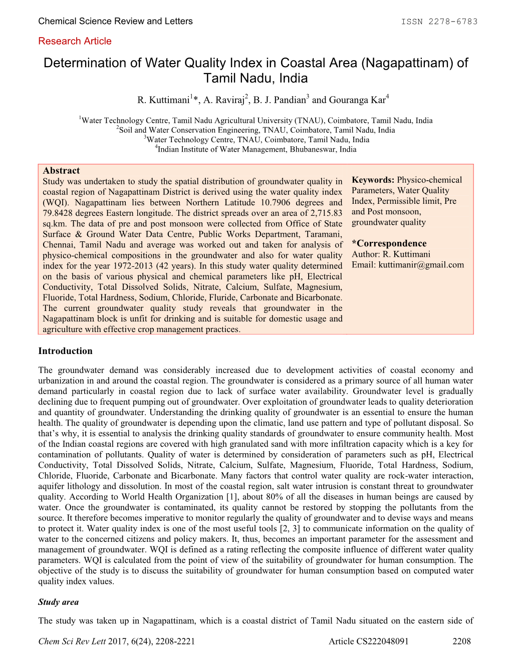 Determination of Water Quality Index in Coastal Area (Nagapattinam) of Tamil Nadu, India R