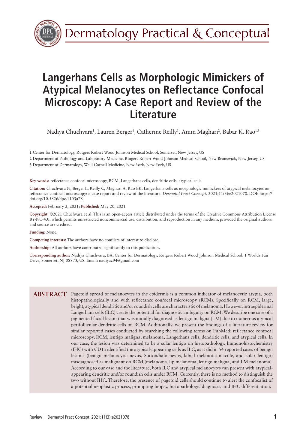 Langerhans Cells As Morphologic Mimickers of Atypical Melanocytes on Reflectance Confocal Microscopy: a Case Report and Review of the Literature