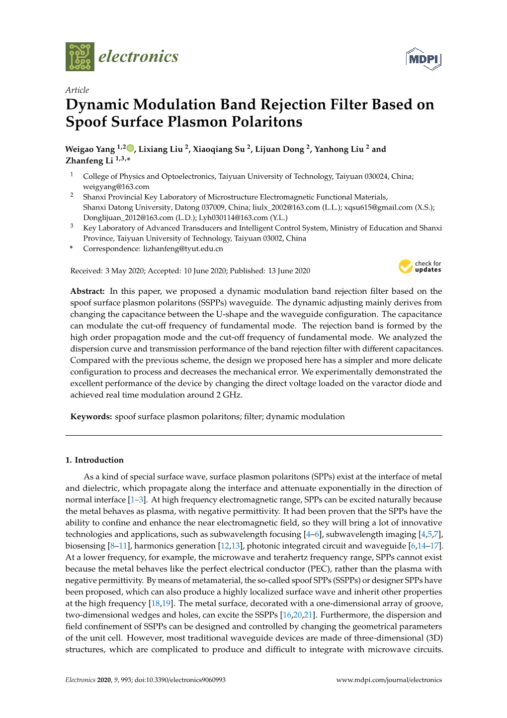 Dynamic Modulation Band Rejection Filter Based on Spoof Surface Plasmon Polaritons