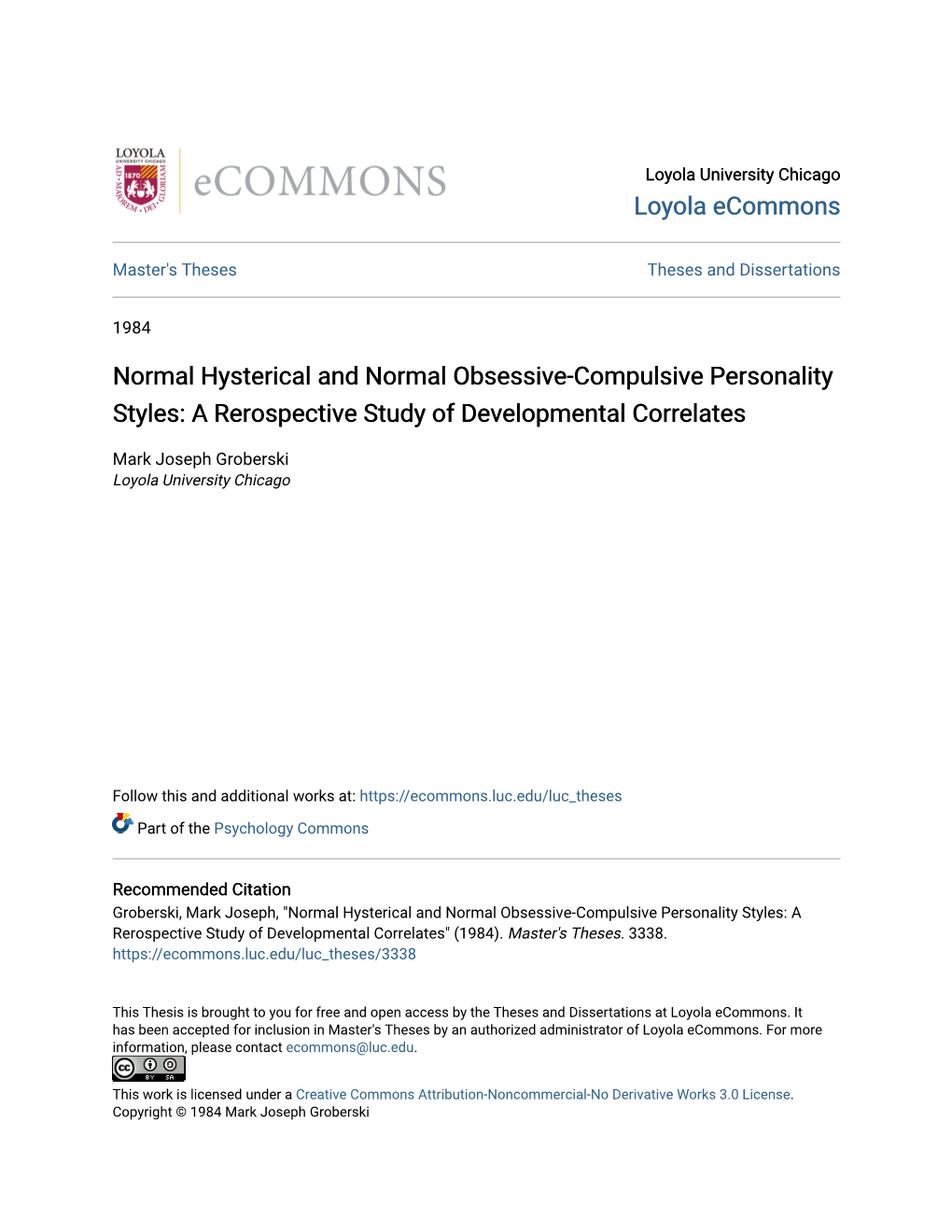 Normal Hysterical and Normal Obsessive-Compulsive Personality Styles: a Rerospective Study of Developmental Correlates