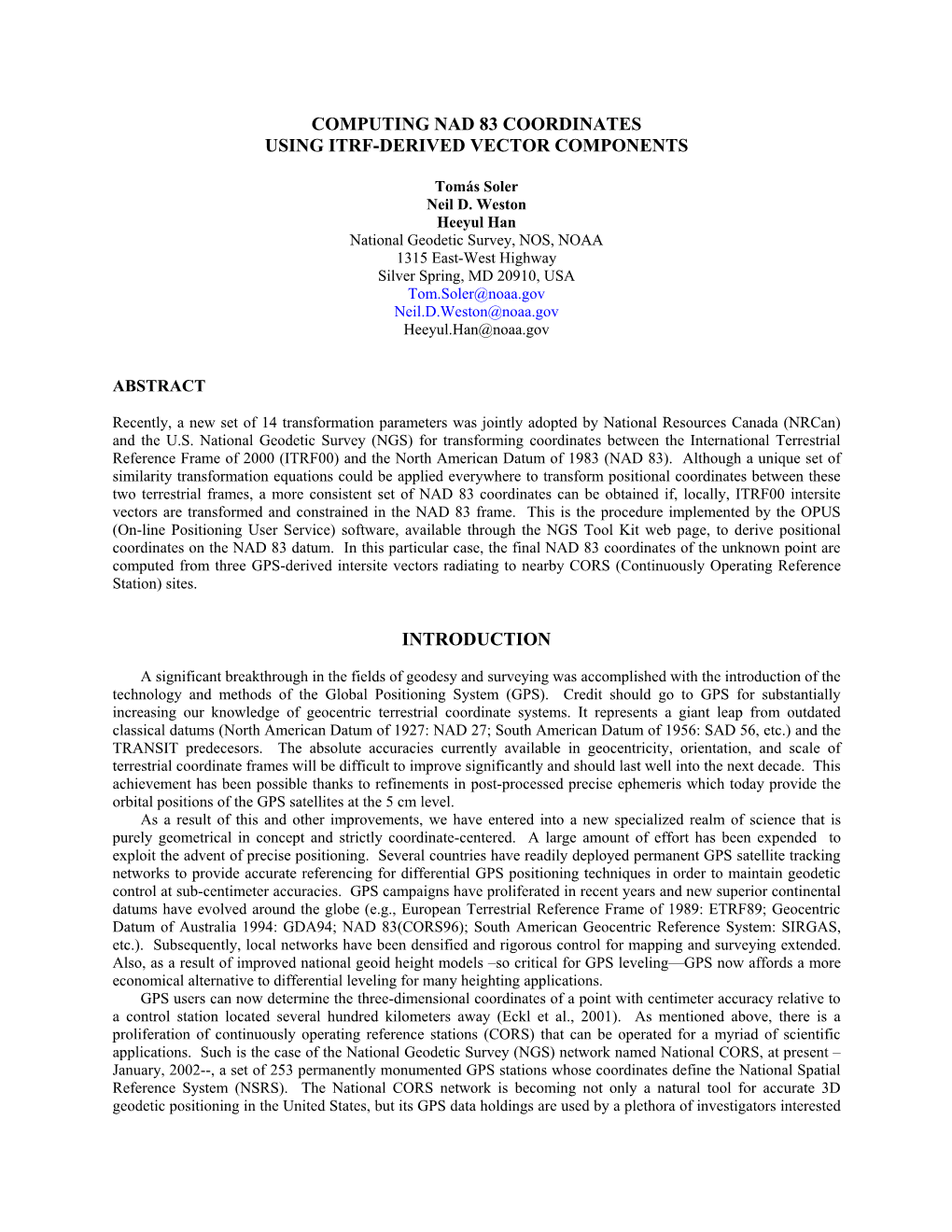 Computing Nad 83 Coordinates Using Itrf-Derived Vector Components