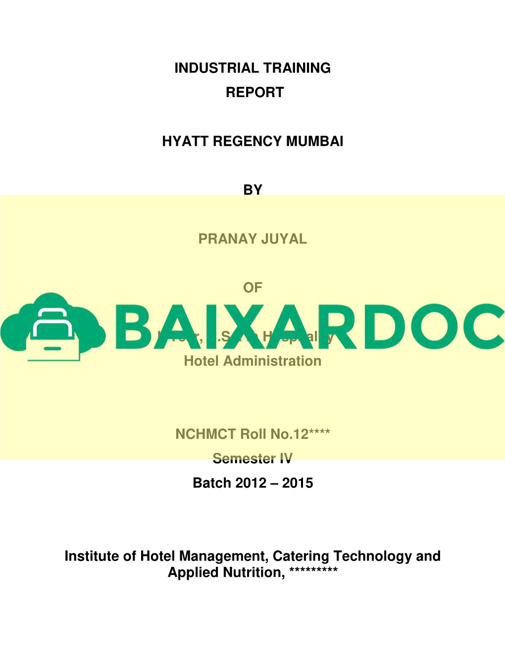 Internship Industrial Training Report Hyatt Regency