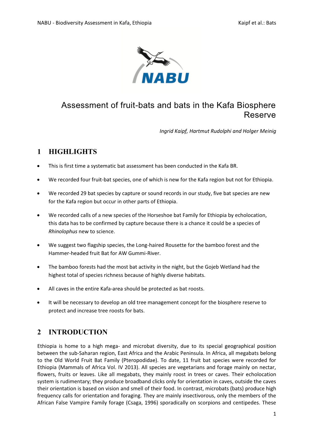 Assessment of Fruit-Bats and Bats in the Kafa Biosphere Reserve