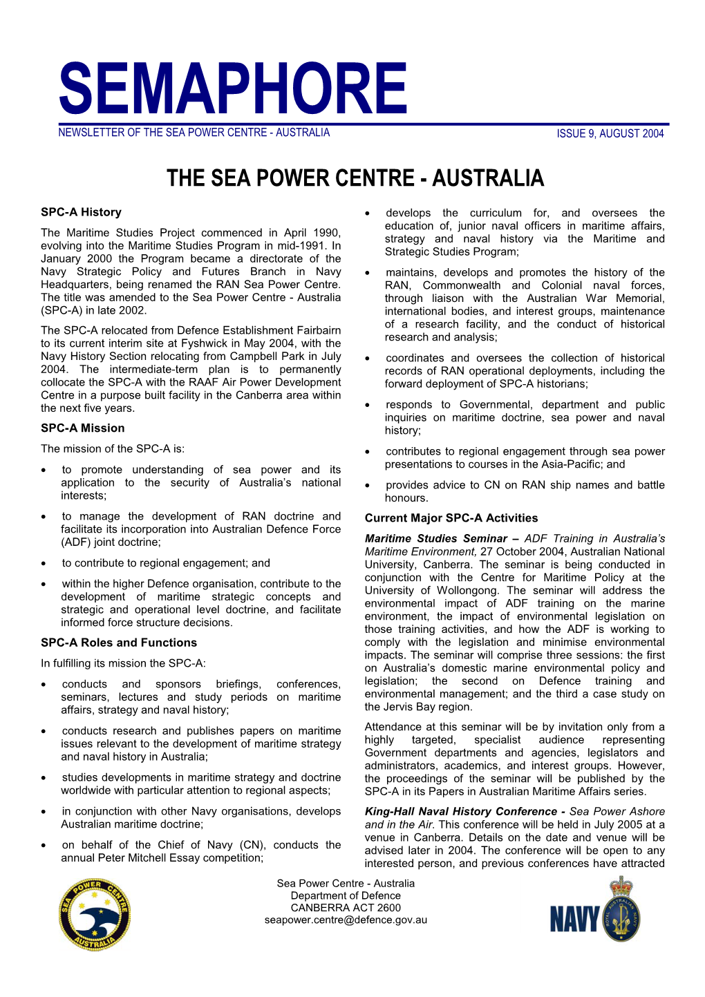 Semaphore Newsletter of the Sea Power Centre - Australia Issue 9, August 2004